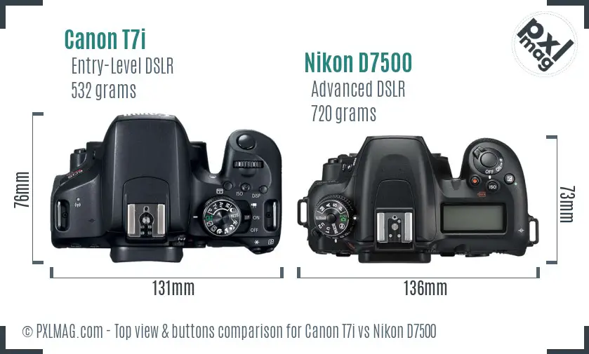 Canon T7i vs Nikon D7500 top view buttons comparison