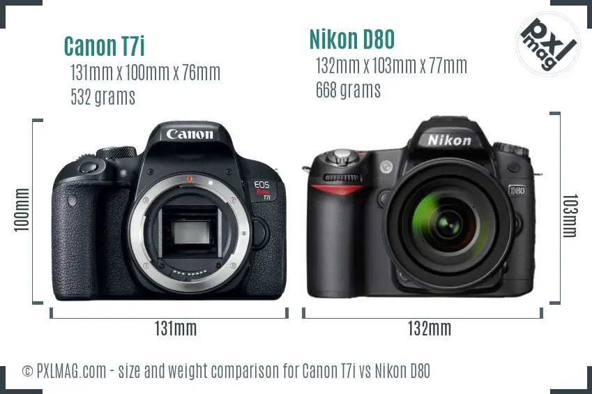 Canon T7i vs Nikon D80 size comparison