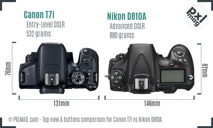 Canon T7i vs Nikon D810A top view buttons comparison