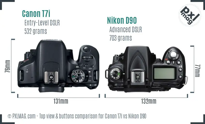 Canon T7i vs Nikon D90 top view buttons comparison