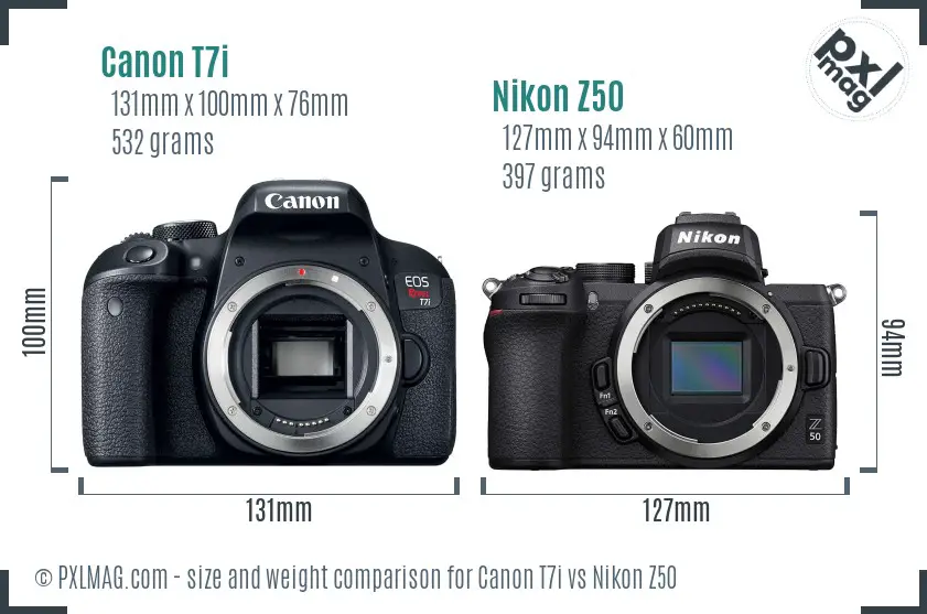 Canon T7i vs Nikon Z50 size comparison