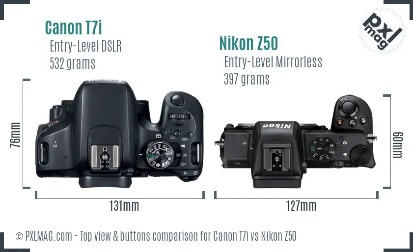 Canon T7i vs Nikon Z50 top view buttons comparison