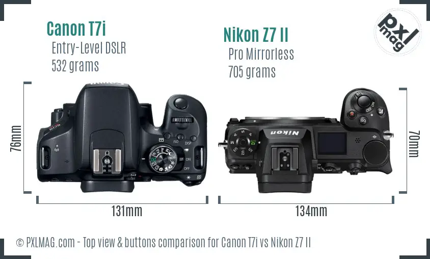 Canon T7i vs Nikon Z7 II top view buttons comparison