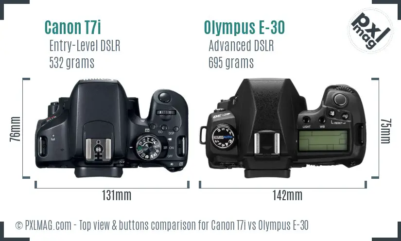 Canon T7i vs Olympus E-30 top view buttons comparison