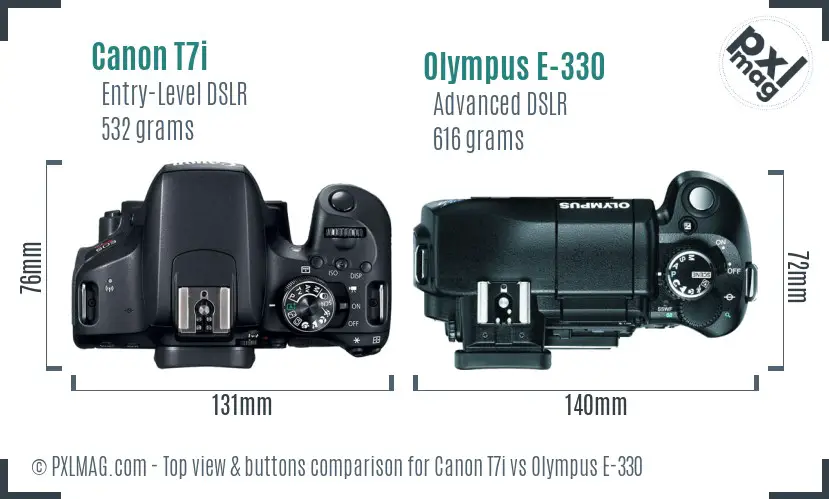 Canon T7i vs Olympus E-330 top view buttons comparison