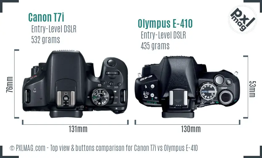 Canon T7i vs Olympus E-410 top view buttons comparison