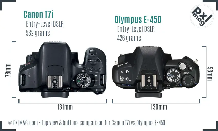 Canon T7i vs Olympus E-450 top view buttons comparison
