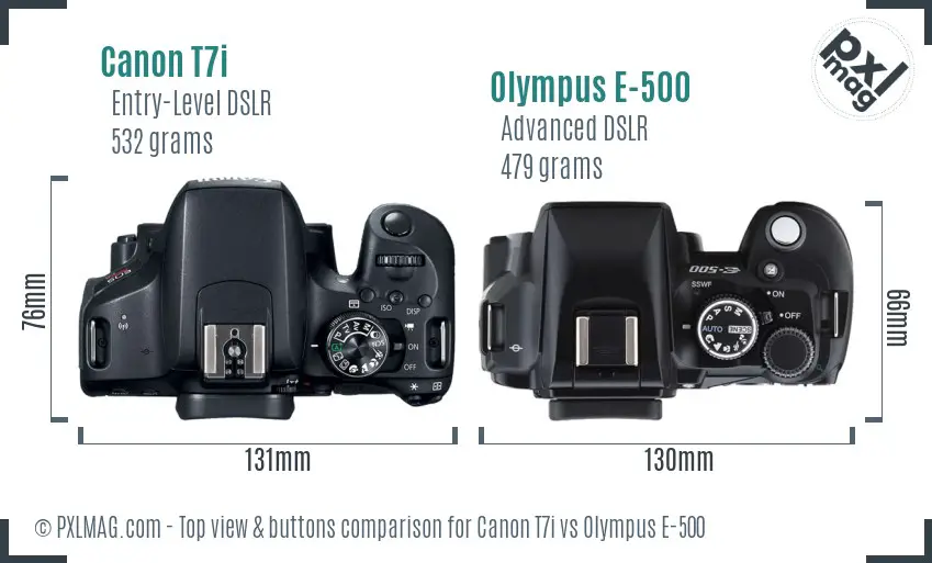 Canon T7i vs Olympus E-500 top view buttons comparison