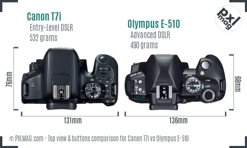 Canon T7i vs Olympus E-510 top view buttons comparison
