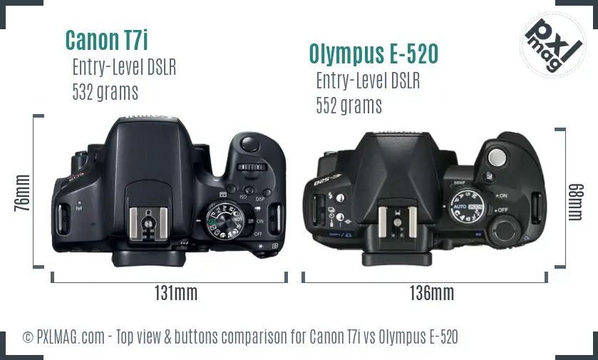 Canon T7i vs Olympus E-520 top view buttons comparison