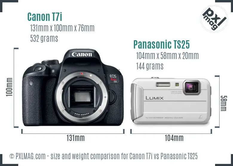 Canon T7i vs Panasonic TS25 size comparison