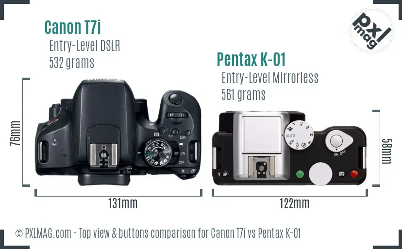 Canon T7i vs Pentax K-01 top view buttons comparison