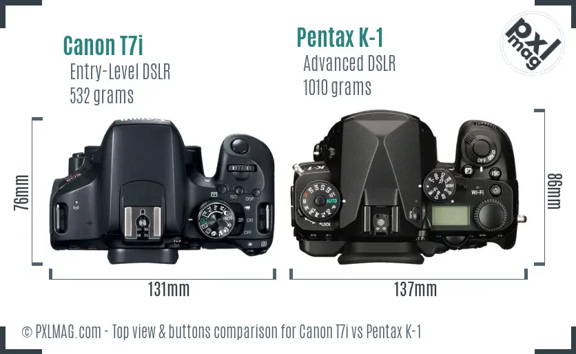 Canon T7i vs Pentax K-1 top view buttons comparison