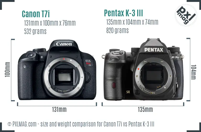 Canon T7i vs Pentax K-3 III size comparison