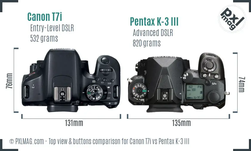 Canon T7i vs Pentax K-3 III top view buttons comparison