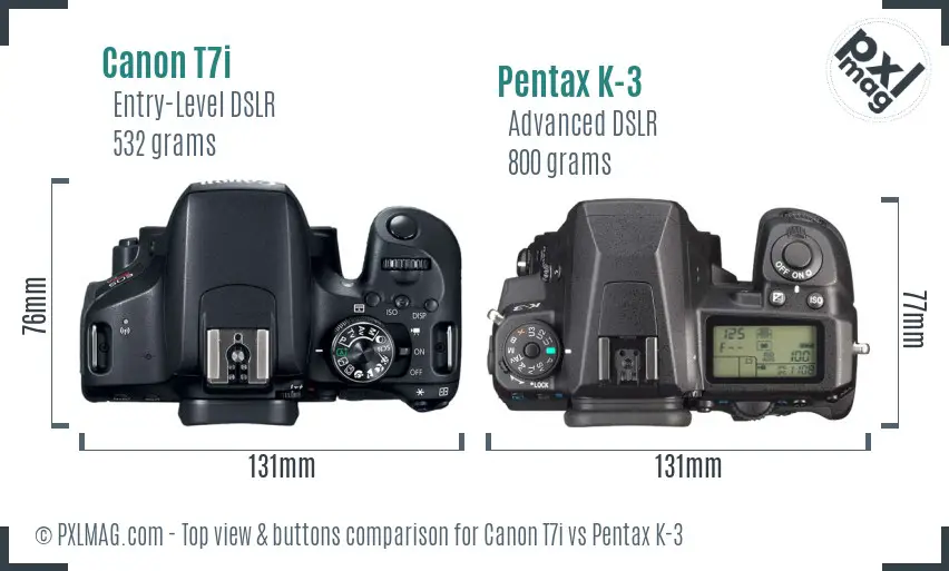 Canon T7i vs Pentax K-3 top view buttons comparison