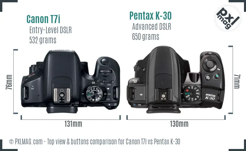 Canon T7i vs Pentax K-30 top view buttons comparison
