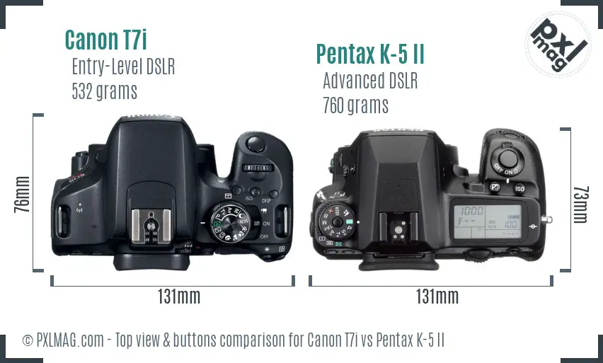 Canon T7i vs Pentax K-5 II top view buttons comparison