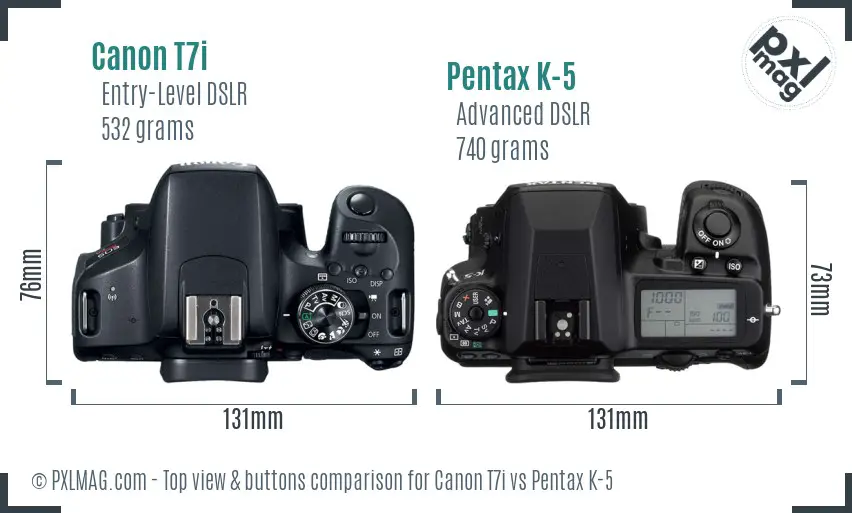 Canon T7i vs Pentax K-5 top view buttons comparison