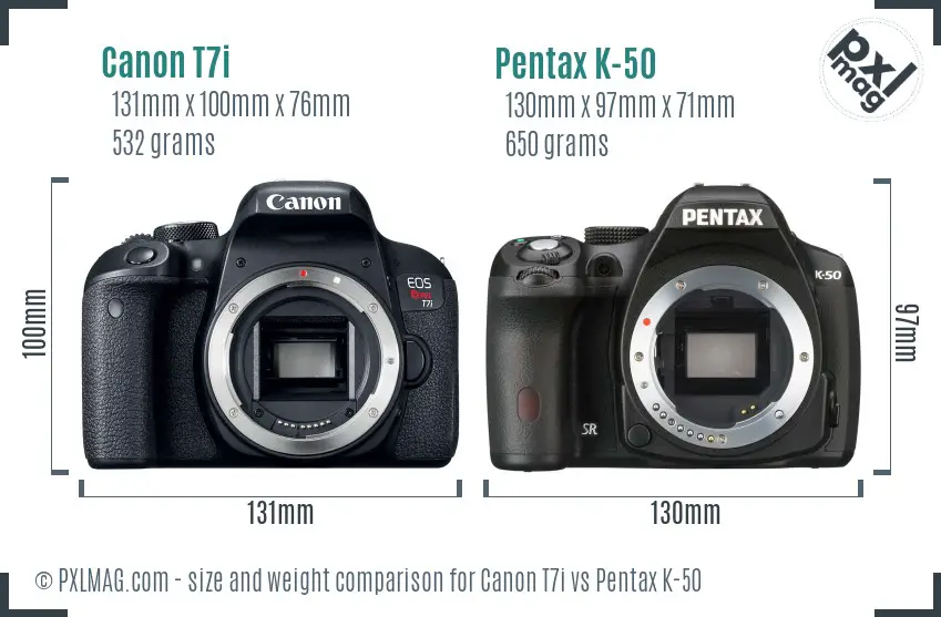 Canon T7i vs Pentax K-50 size comparison