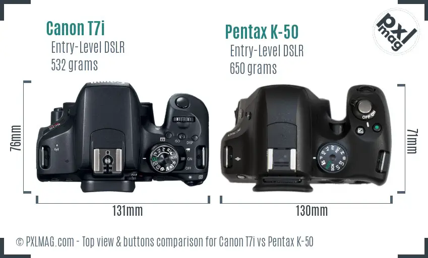 Canon T7i vs Pentax K-50 top view buttons comparison