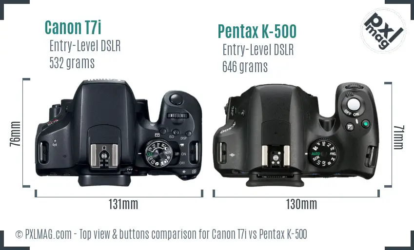 Canon T7i vs Pentax K-500 top view buttons comparison
