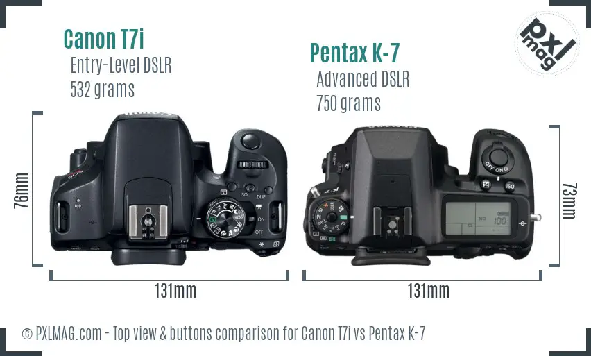 Canon T7i vs Pentax K-7 top view buttons comparison