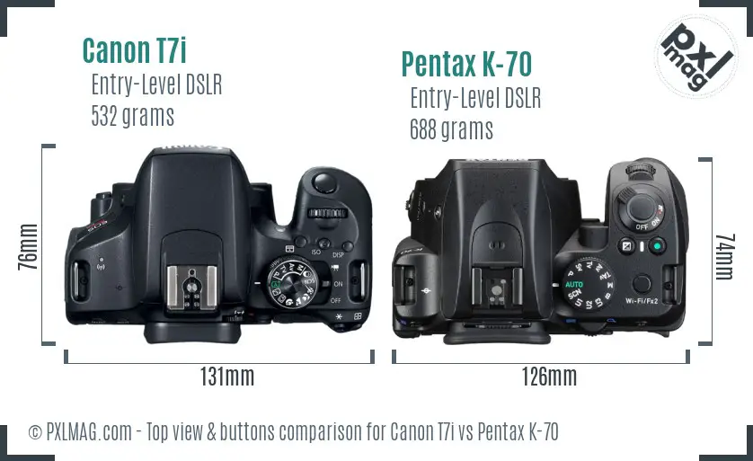 Canon T7i vs Pentax K-70 top view buttons comparison