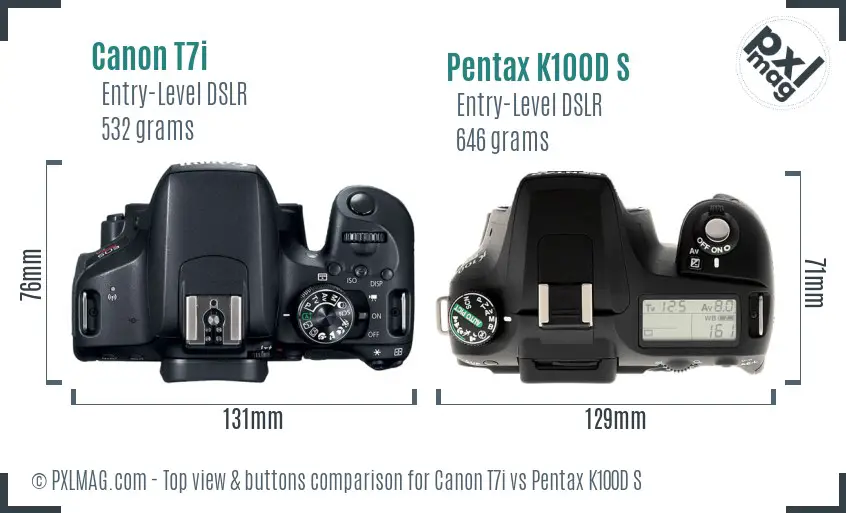 Canon T7i vs Pentax K100D S top view buttons comparison