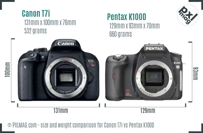 Canon T7i vs Pentax K100D size comparison