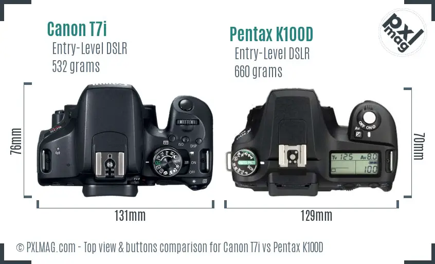 Canon T7i vs Pentax K100D top view buttons comparison