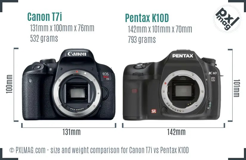 Canon T7i vs Pentax K10D size comparison