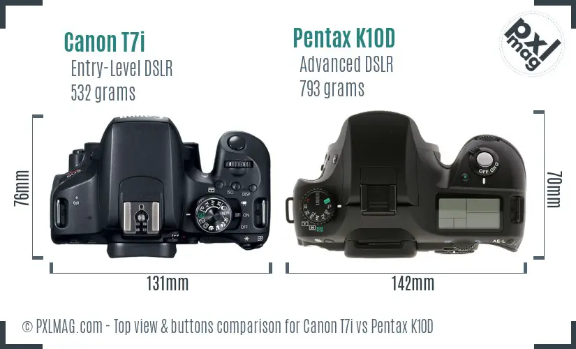 Canon T7i vs Pentax K10D top view buttons comparison