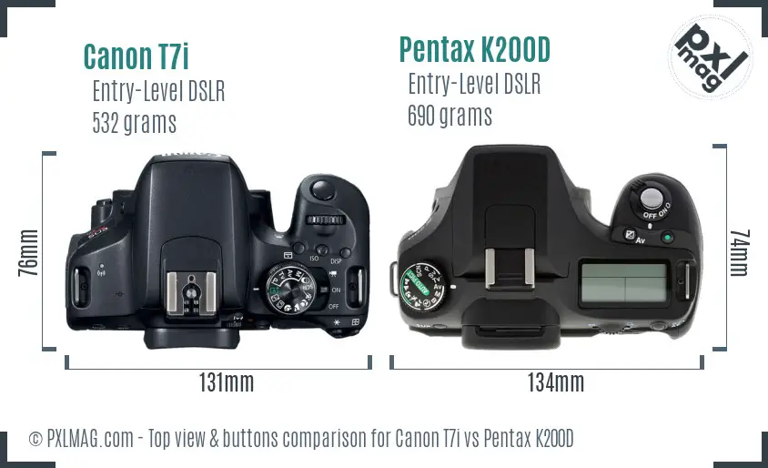Canon T7i vs Pentax K200D top view buttons comparison