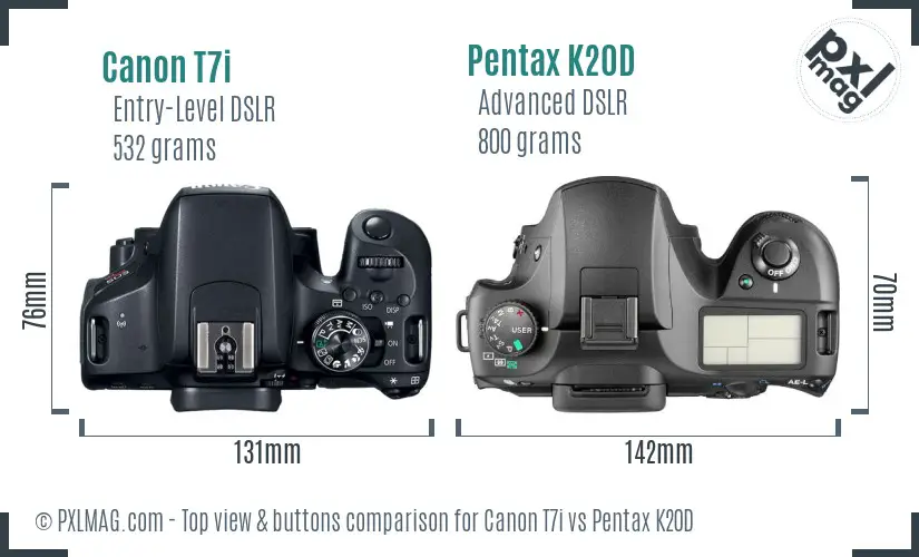 Canon T7i vs Pentax K20D top view buttons comparison