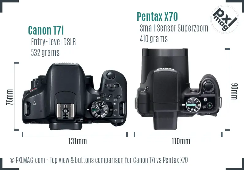 Canon T7i vs Pentax X70 top view buttons comparison