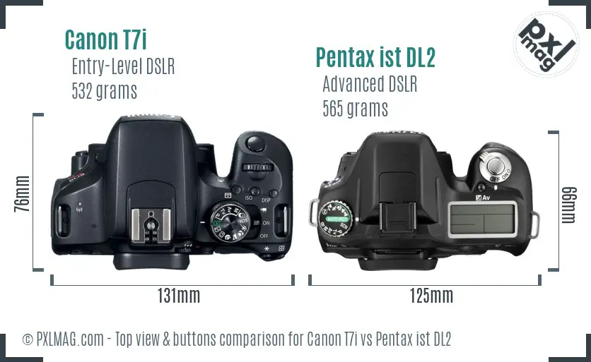 Canon T7i vs Pentax ist DL2 top view buttons comparison