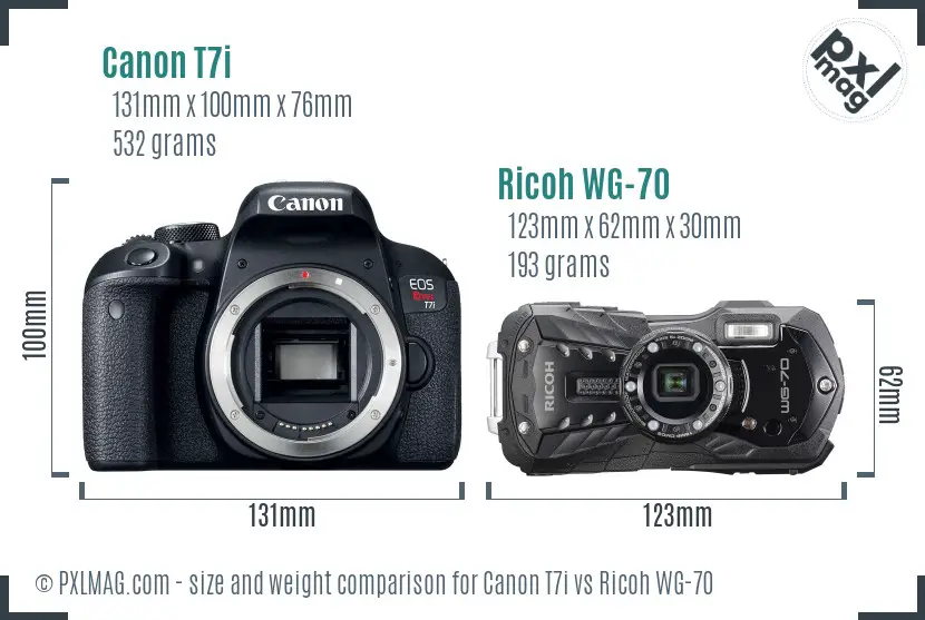 Canon T7i vs Ricoh WG-70 size comparison
