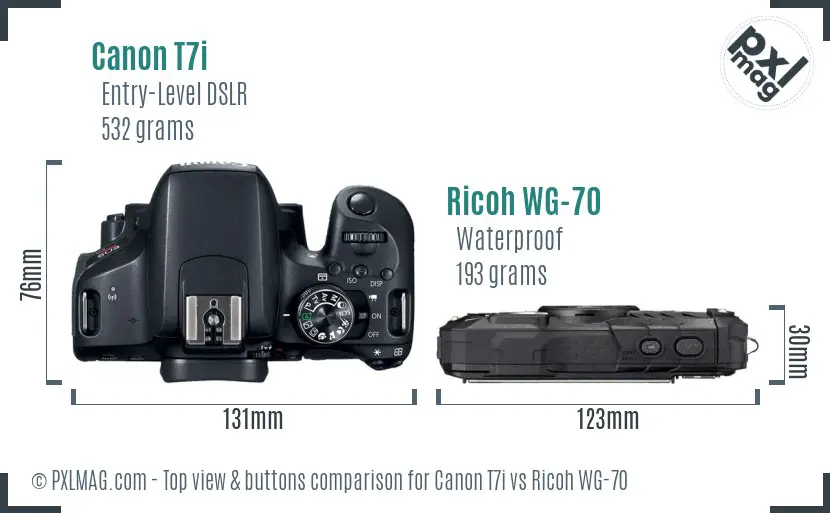Canon T7i vs Ricoh WG-70 top view buttons comparison