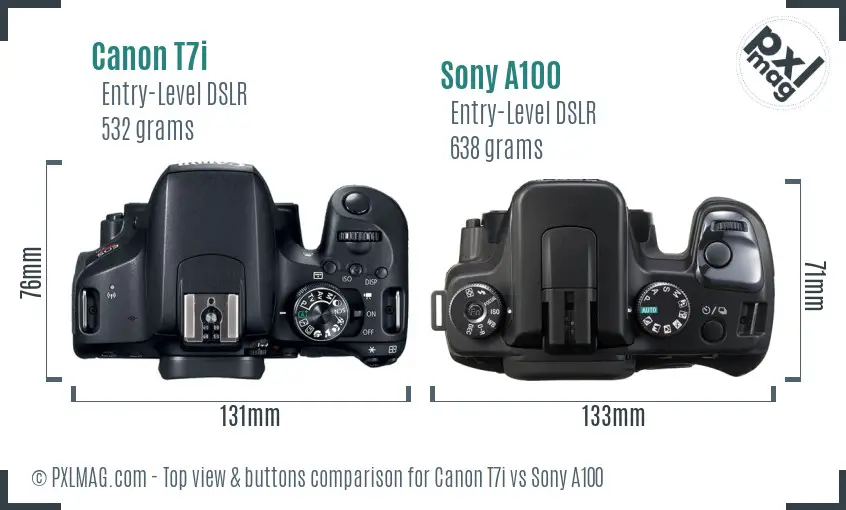 Canon T7i vs Sony A100 top view buttons comparison