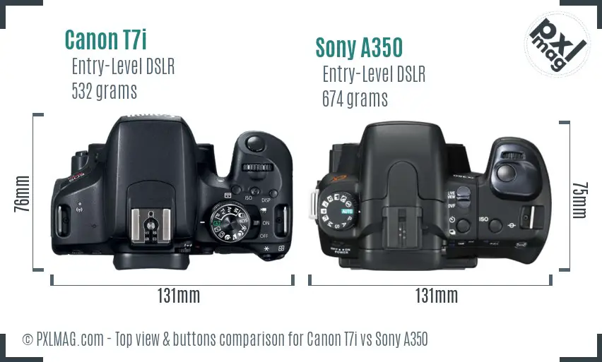 Canon T7i vs Sony A350 top view buttons comparison