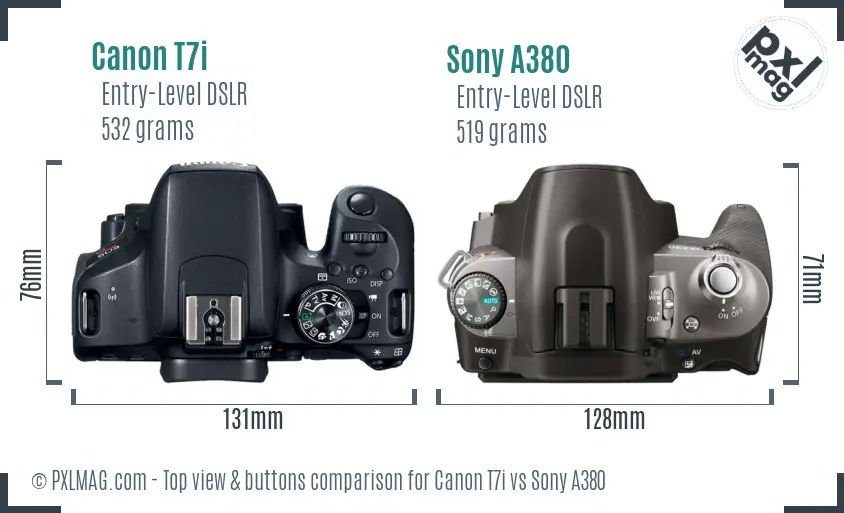 Canon T7i vs Sony A380 top view buttons comparison