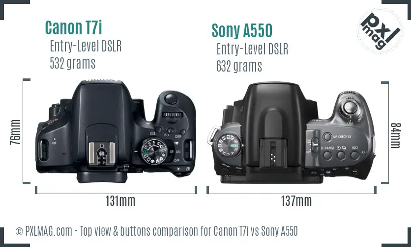 Canon T7i vs Sony A550 top view buttons comparison