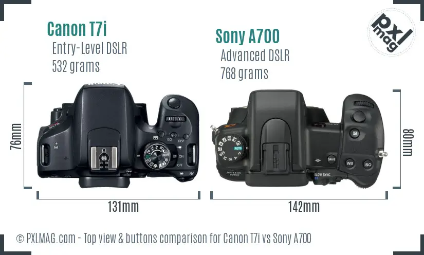 Canon T7i vs Sony A700 top view buttons comparison