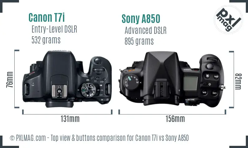 Canon T7i vs Sony A850 top view buttons comparison