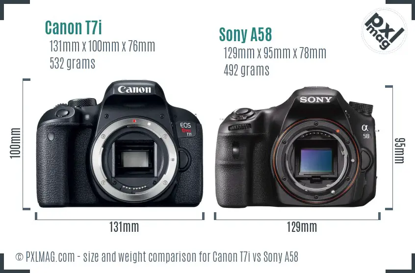 Canon T7i vs Sony A58 size comparison