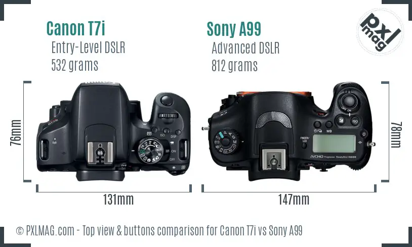 Canon T7i vs Sony A99 top view buttons comparison