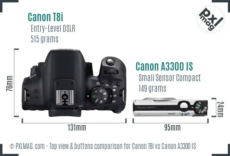 Canon T8i vs Canon A3300 IS top view buttons comparison