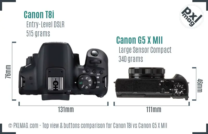 Canon T8i vs Canon G5 X MII top view buttons comparison