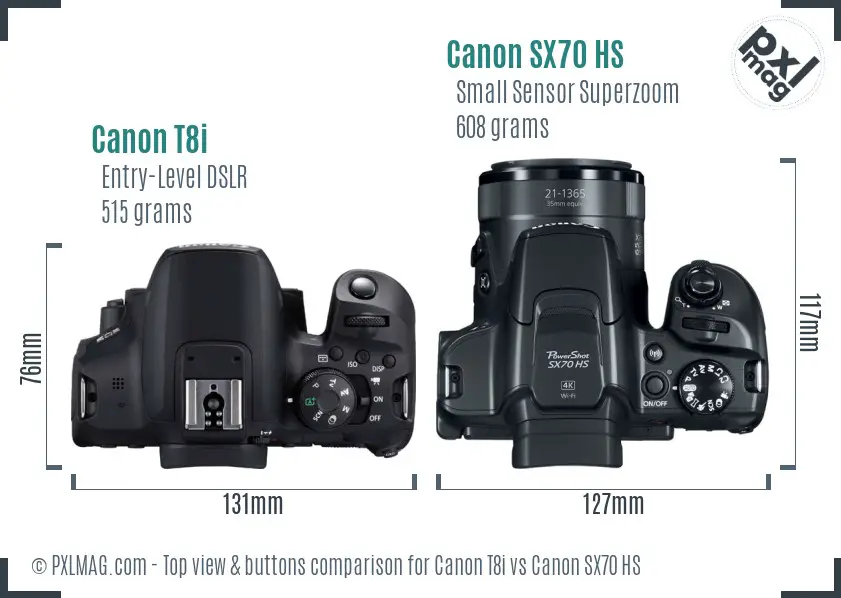 Canon T8i vs Canon SX70 HS top view buttons comparison